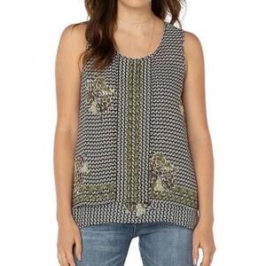 Liverpool Women’s Geometric Floral Scoop Neck Sleeveless Double Layer Blouse - L